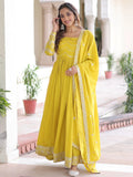 Classic Yellow Embroidered Silk Haldi Wear Gown With Dupatta