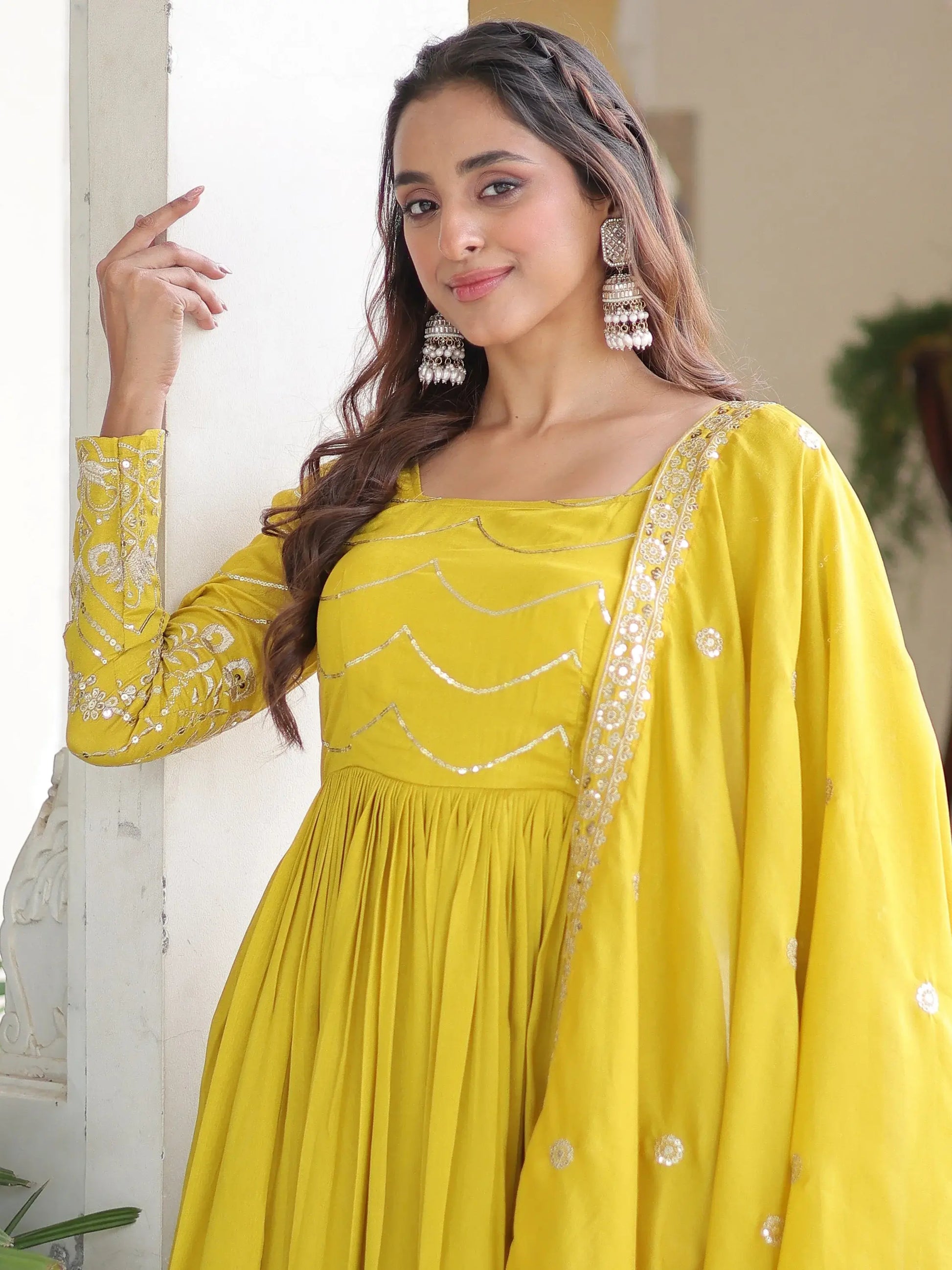 Classic Yellow Embroidered Silk Haldi Wear Gown With Dupatta