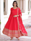 Timeless Red Sequins Embroidered Silk Event Wear Anarkali Suit With Dupatta