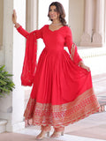 Timeless Red Sequins Embroidered Silk Event Wear Anarkali Suit With Dupatta