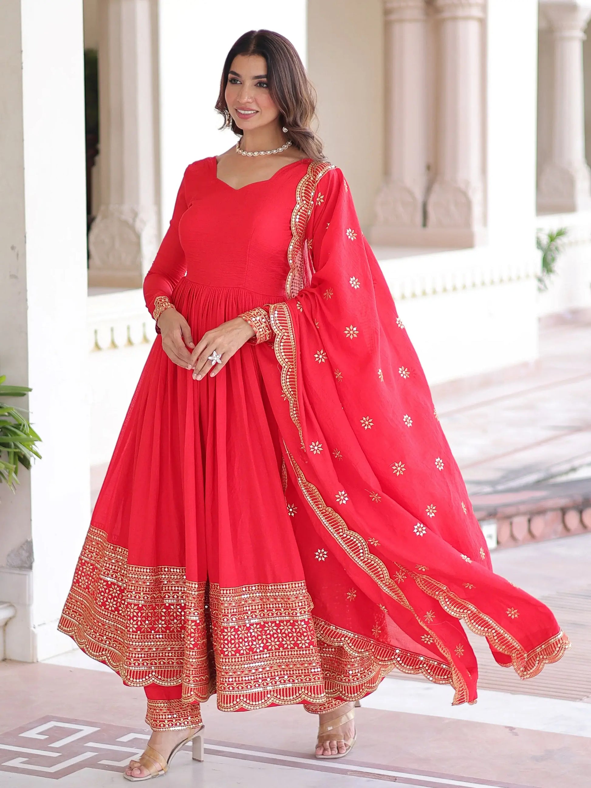 Timeless Red Sequins Embroidered Silk Event Wear Anarkali Suit With Dupatta