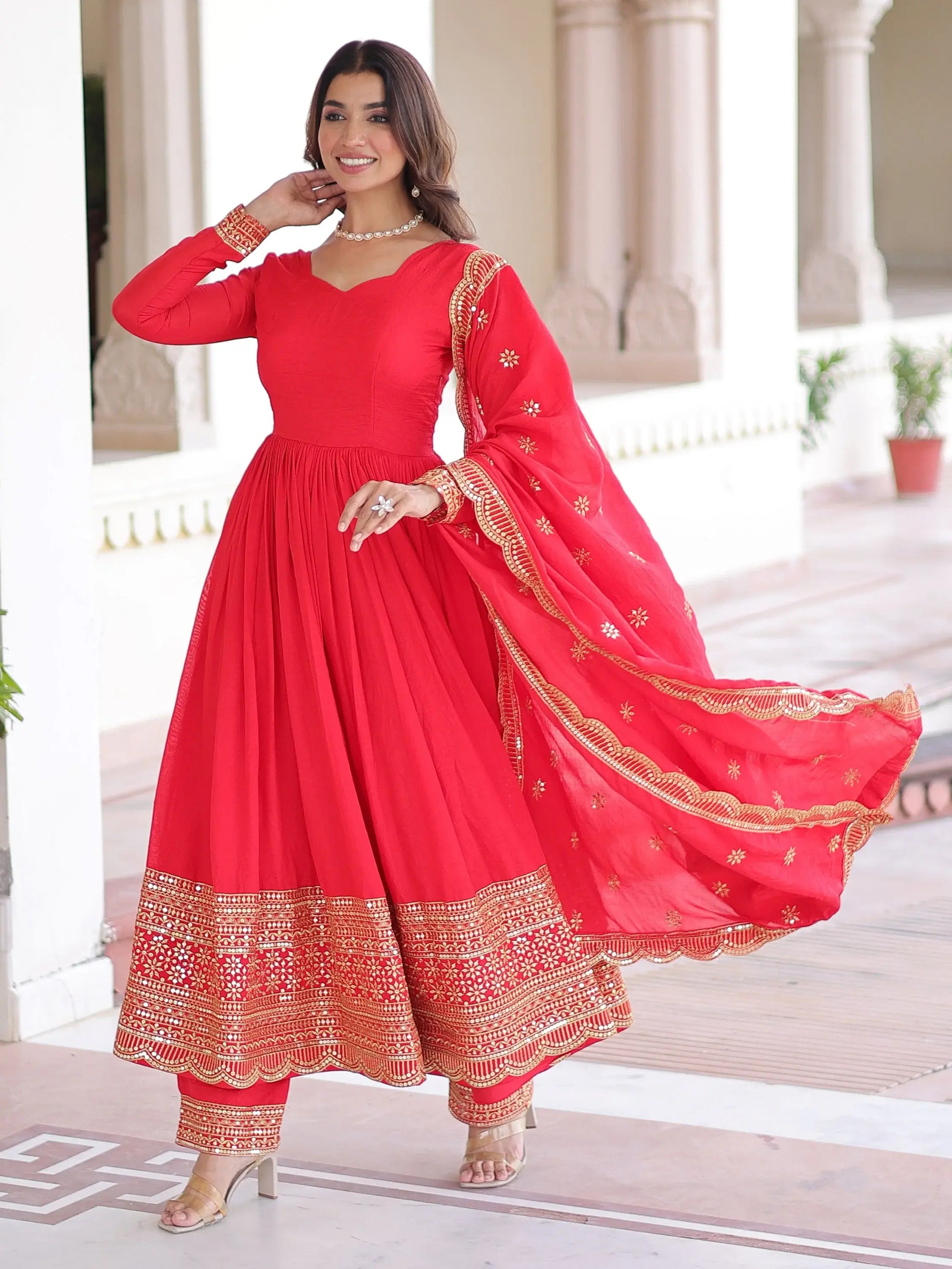 Timeless Red Sequins Embroidered Silk Event Wear Anarkali Suit With Dupatta