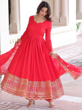 Timeless Red Sequins Embroidered Silk Event Wear Anarkali Suit With Dupatta