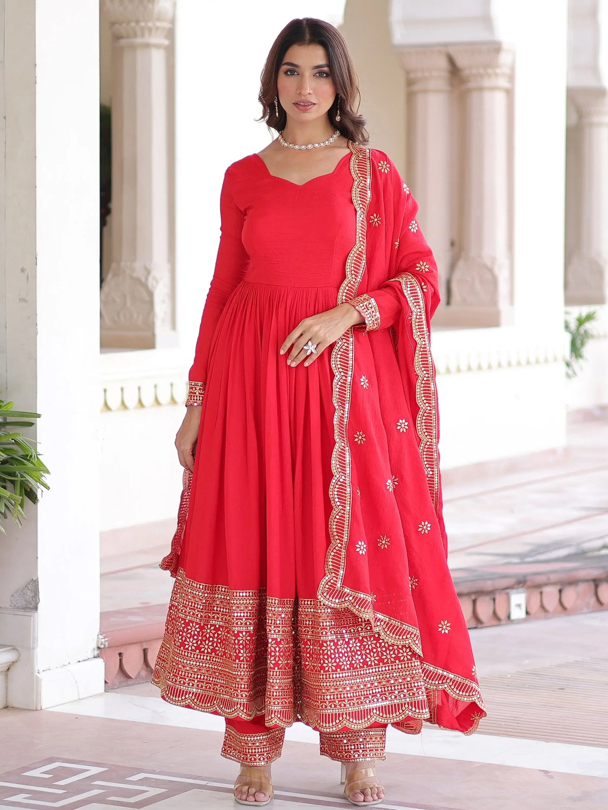 Timeless Red Sequins Embroidered Silk Event Wear Anarkali Suit With Dupatta