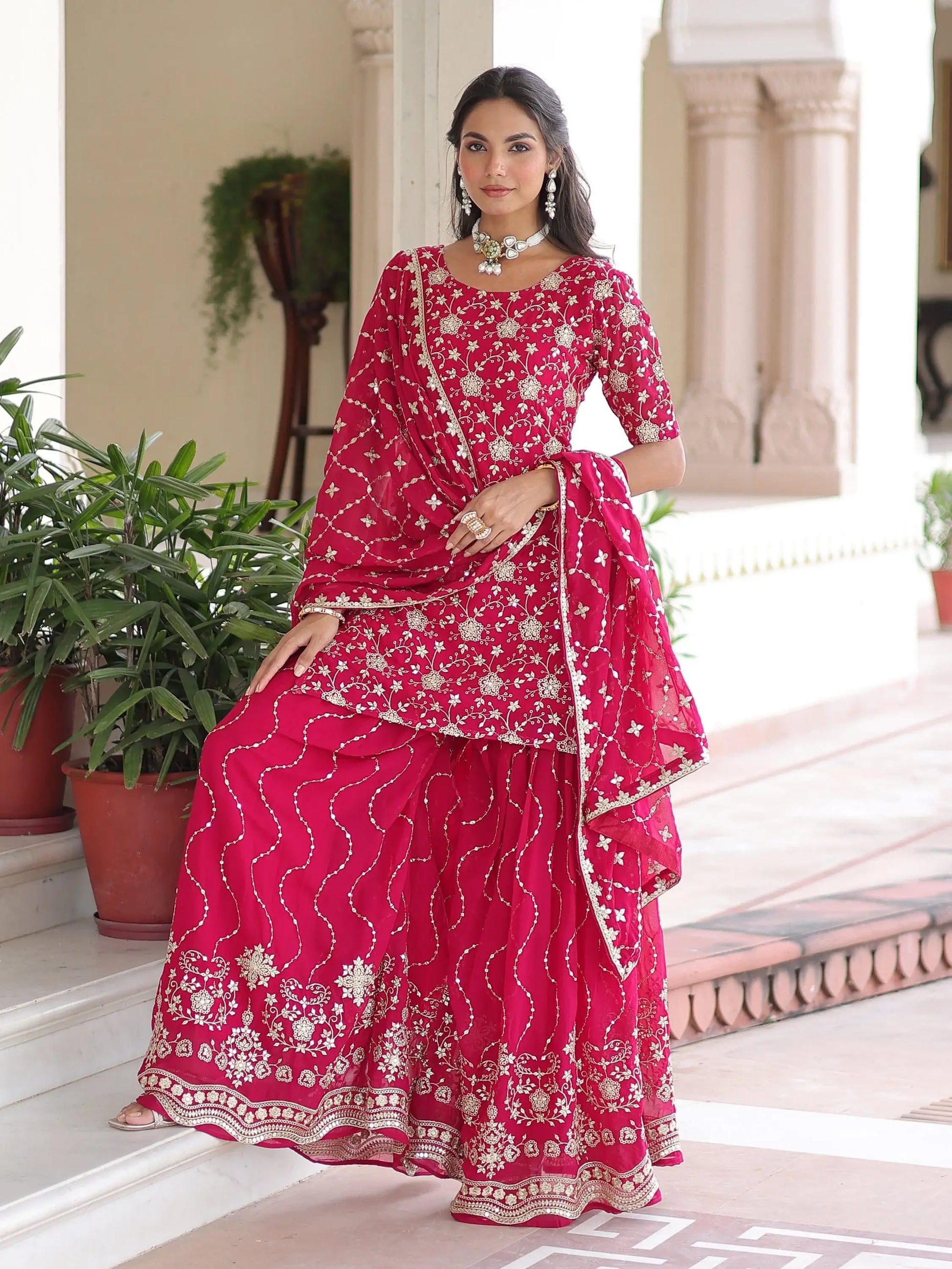 Stylish Rani Pink Sequins Work Georgette Function Wear Sharara Suit With Dupatta