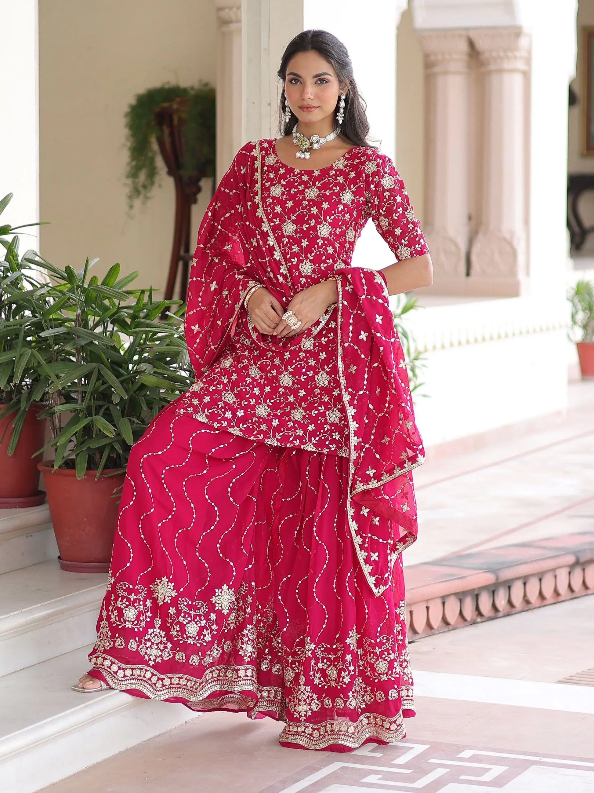 Stylish Rani Pink Sequins Work Georgette Function Wear Sharara Suit With Dupatta