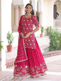 Stylish Rani Pink Sequins Work Georgette Function Wear Sharara Suit With Dupatta