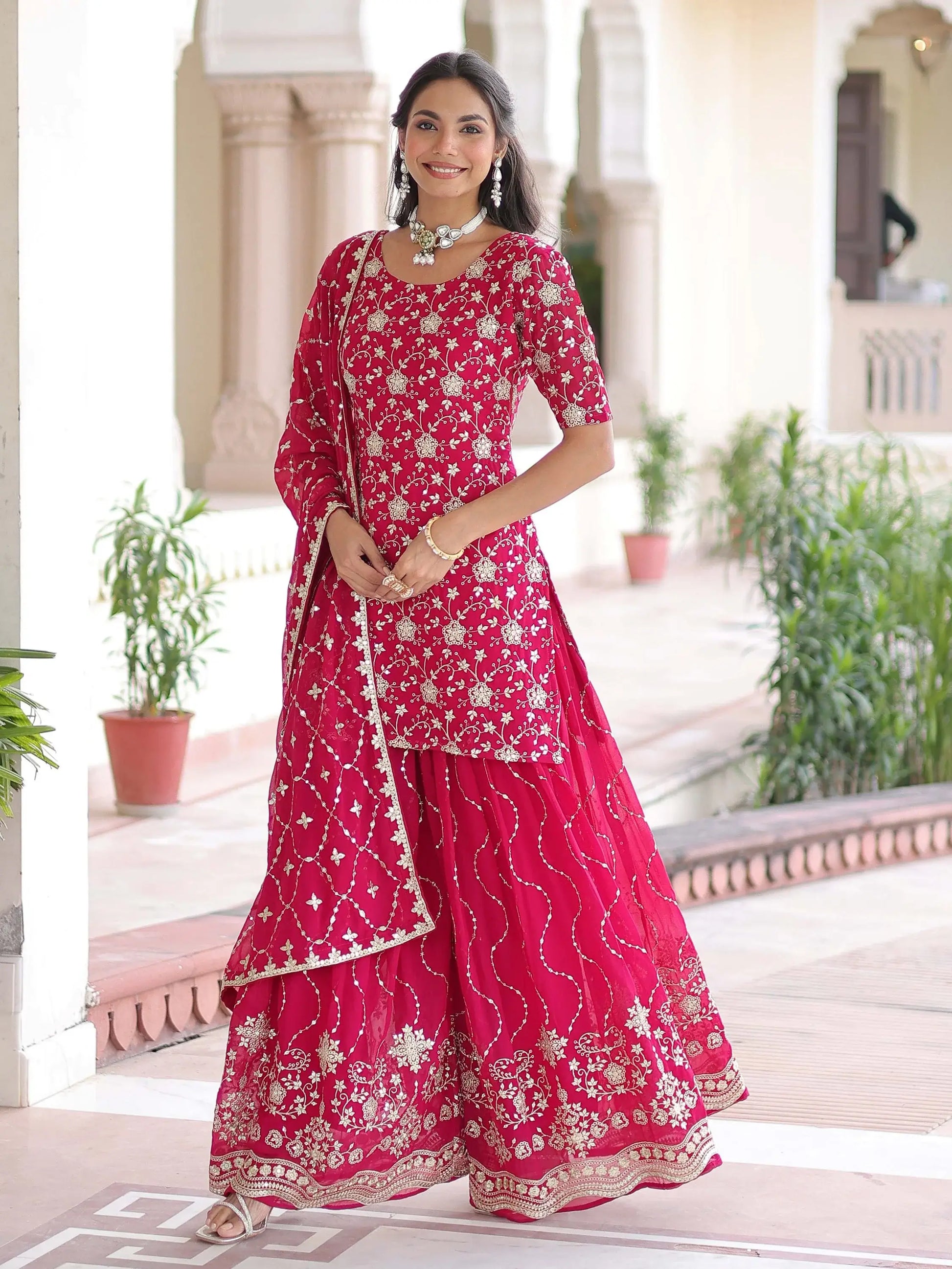 Stylish Rani Pink Sequins Work Georgette Function Wear Sharara Suit With Dupatta