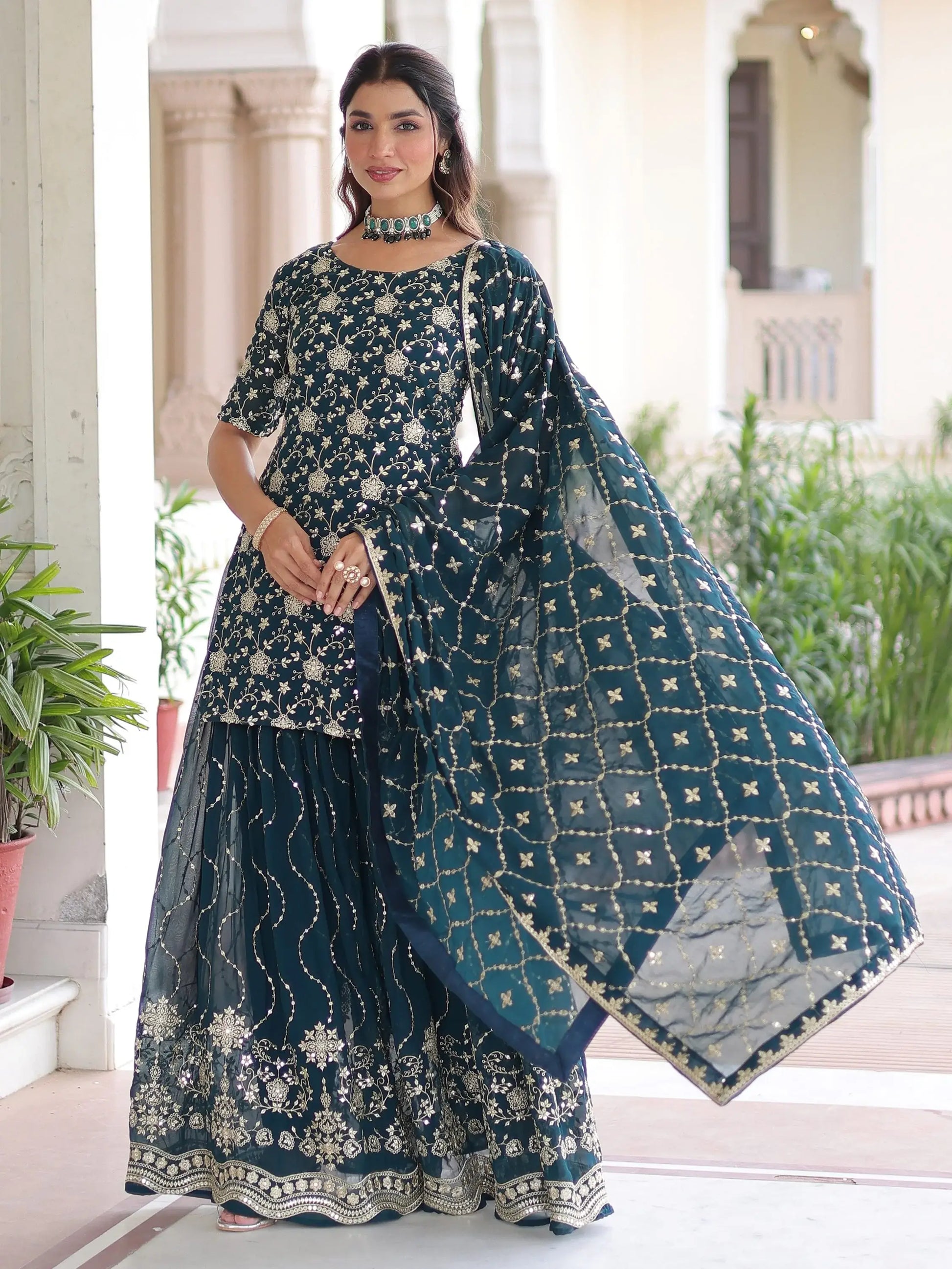 Amazeballs Teal Blue Embroidered Georgette Marraige Wear Sharara Suit With Dupatta