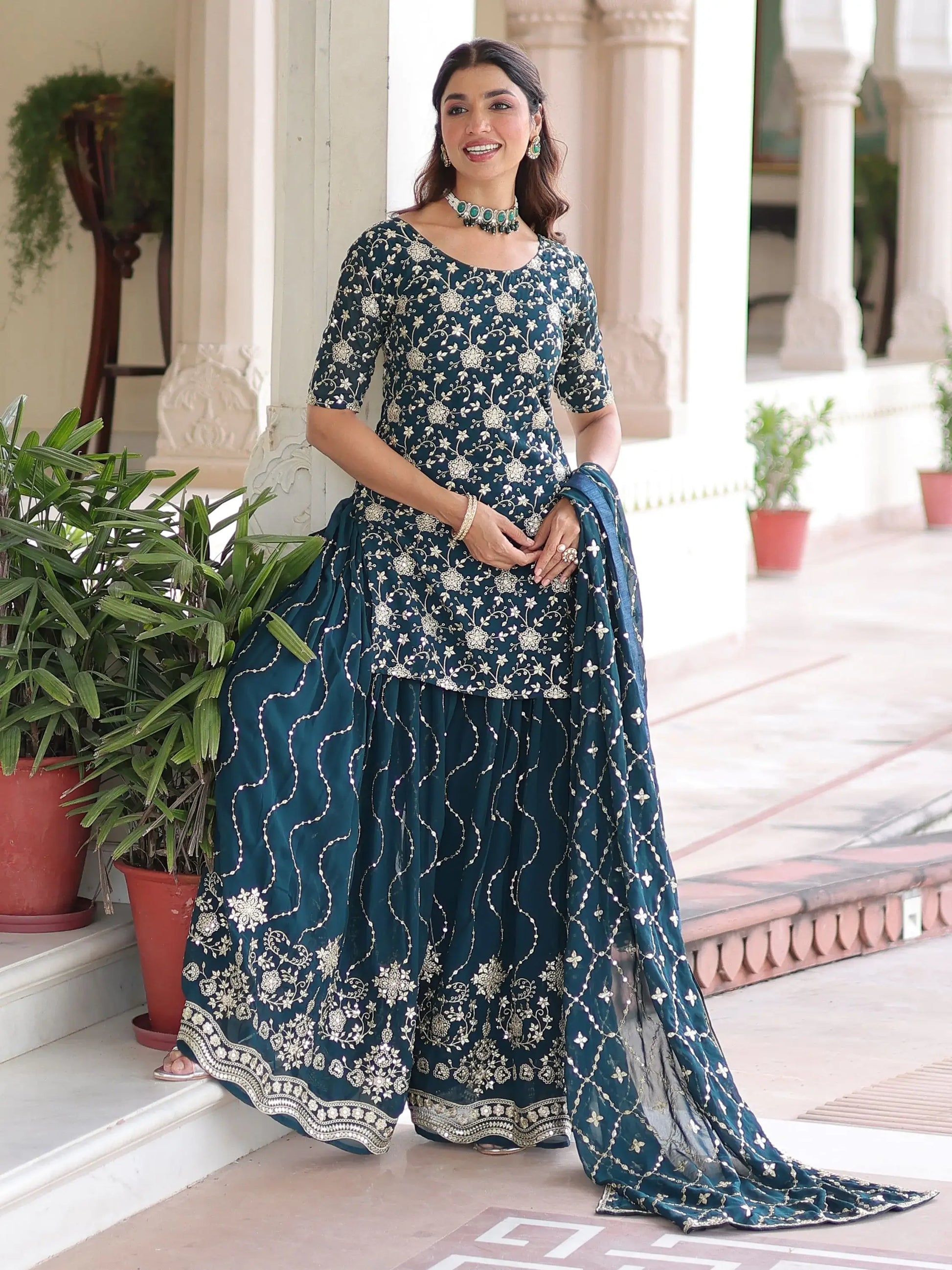Amazeballs Teal Blue Embroidered Georgette Marraige Wear Sharara Suit With Dupatta