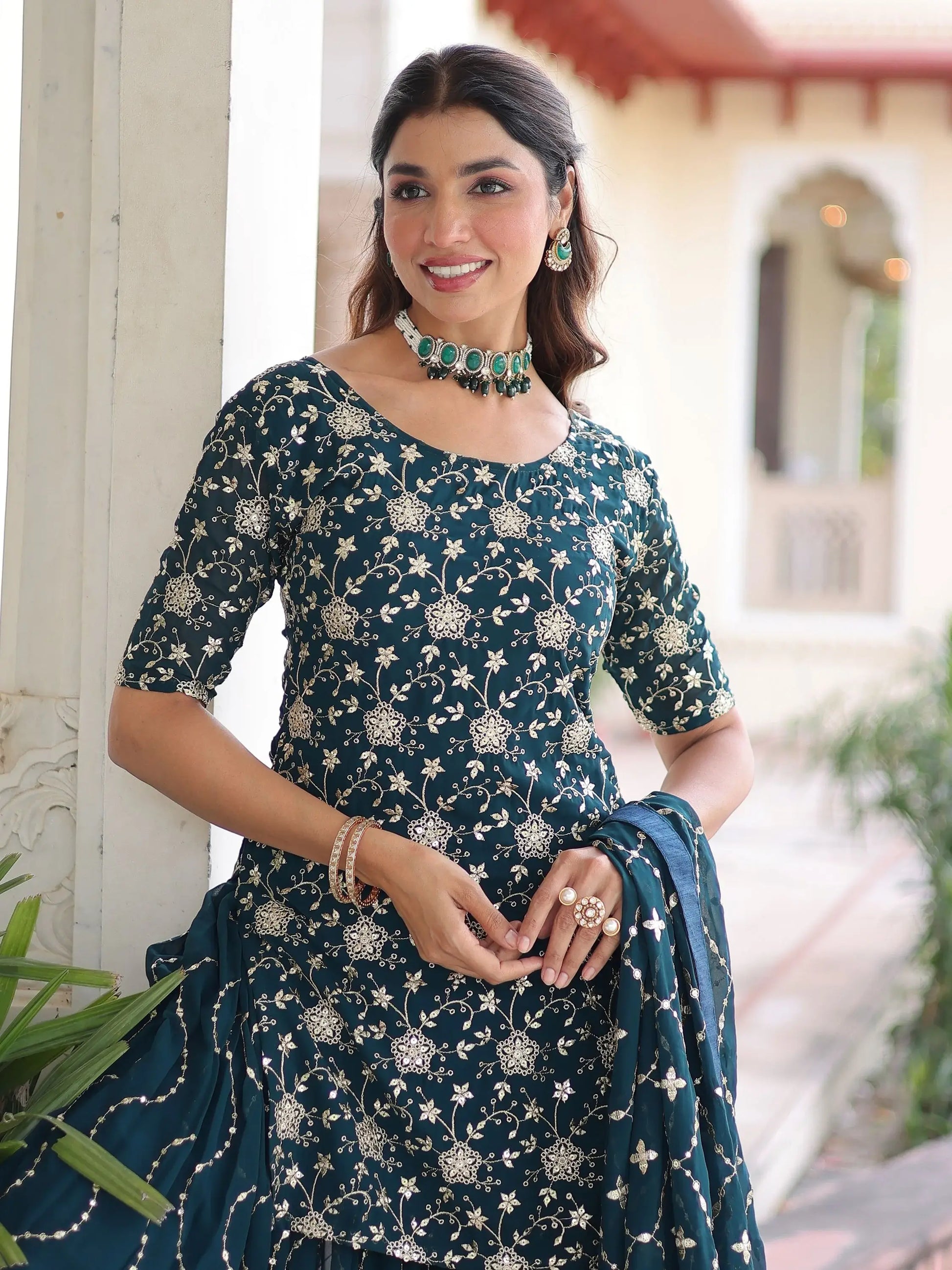 Amazeballs Teal Blue Embroidered Georgette Marraige Wear Sharara Suit With Dupatta