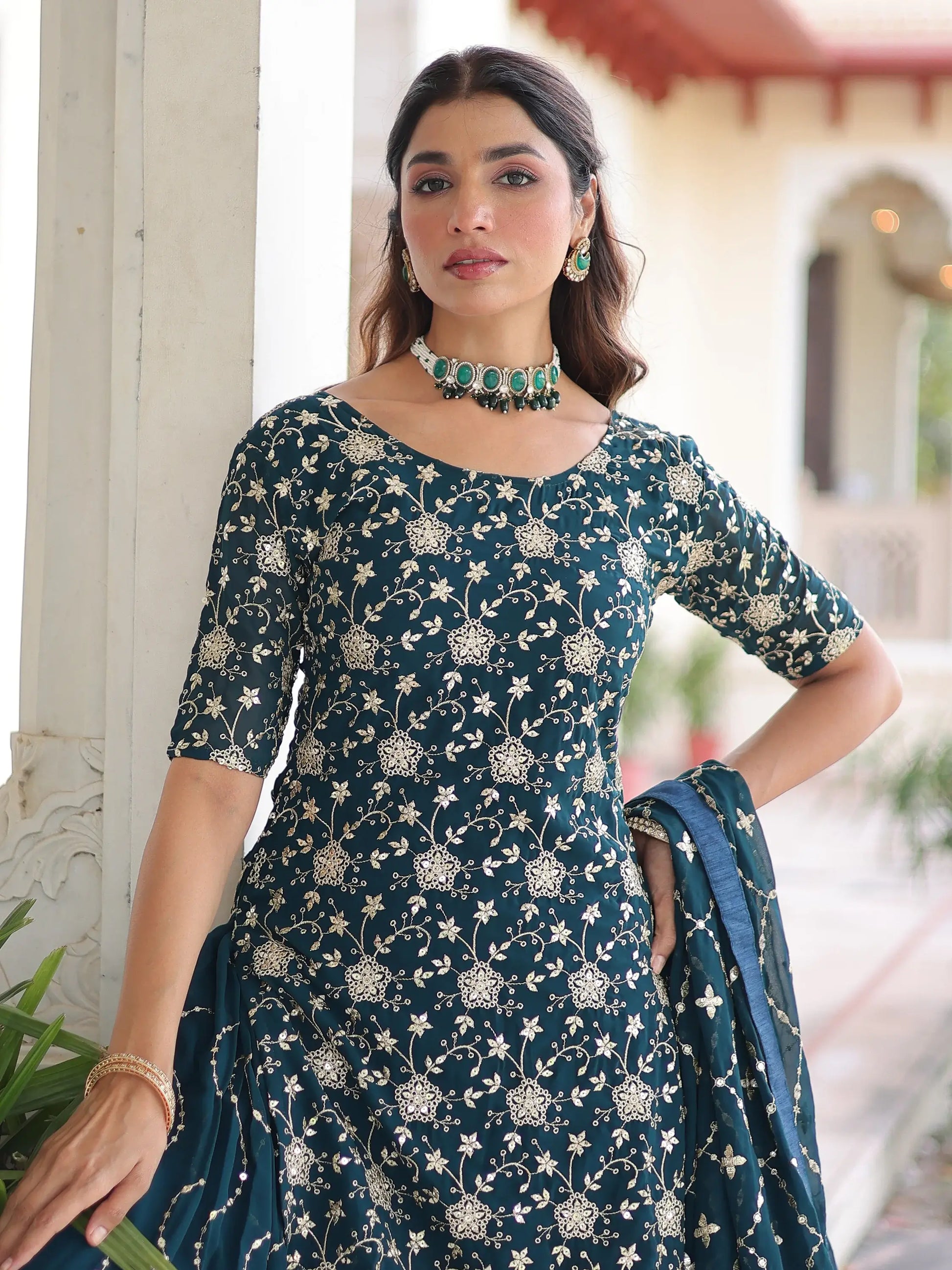 Amazeballs Teal Blue Embroidered Georgette Marraige Wear Sharara Suit With Dupatta