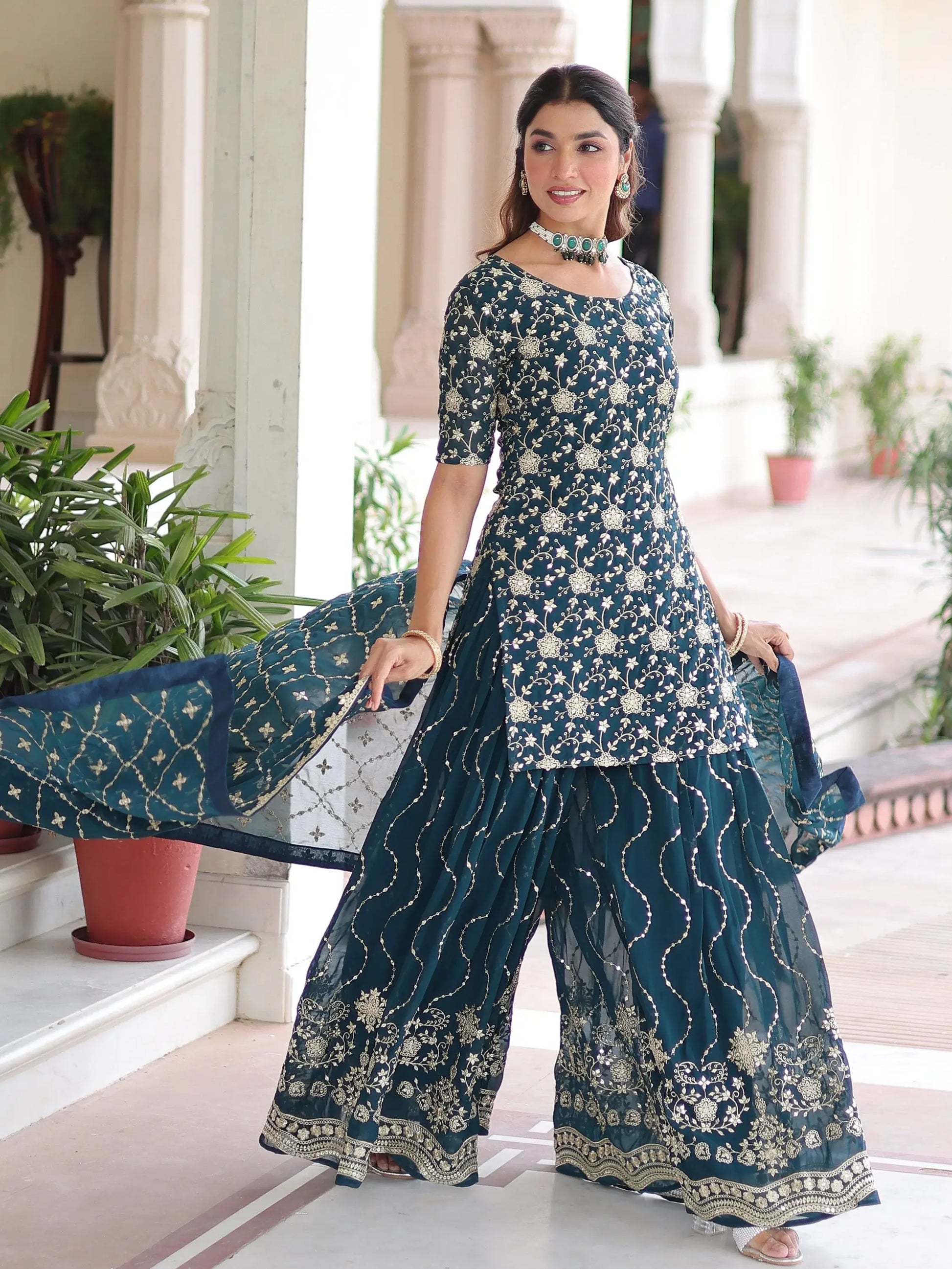 Amazeballs Teal Blue Embroidered Georgette Marraige Wear Sharara Suit With Dupatta