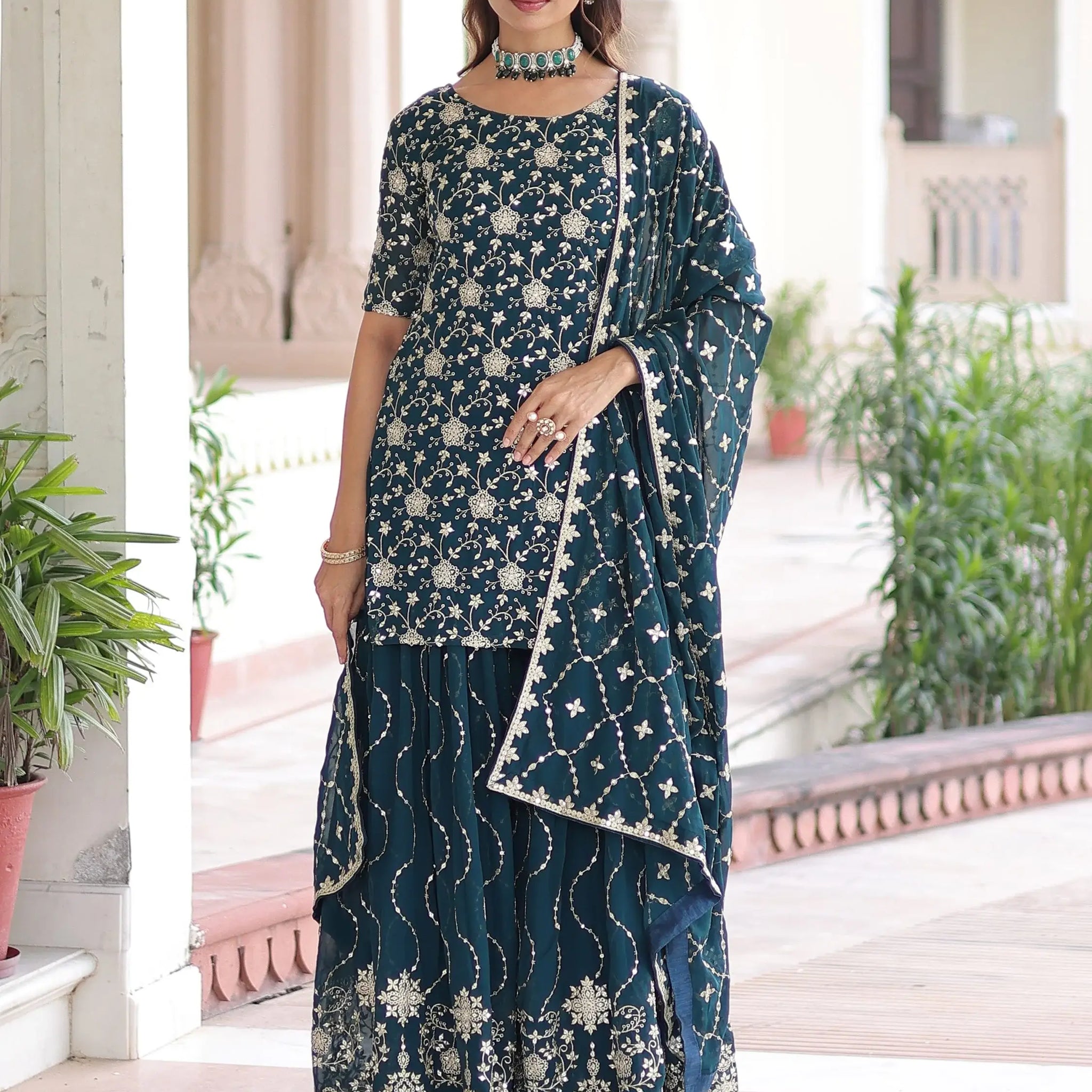 Amazeballs Teal Blue Embroidered Georgette Marraige Wear Sharara Suit With Dupatta