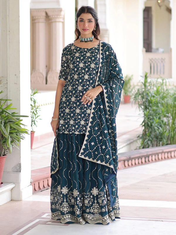 Amazeballs Teal Blue Embroidered Georgette Marraige Wear Sharara Suit With Dupatta