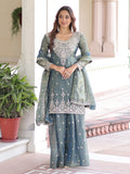 Spectacular Grey Coding Work Organza Function Wear Sharara Suit With Dupatta