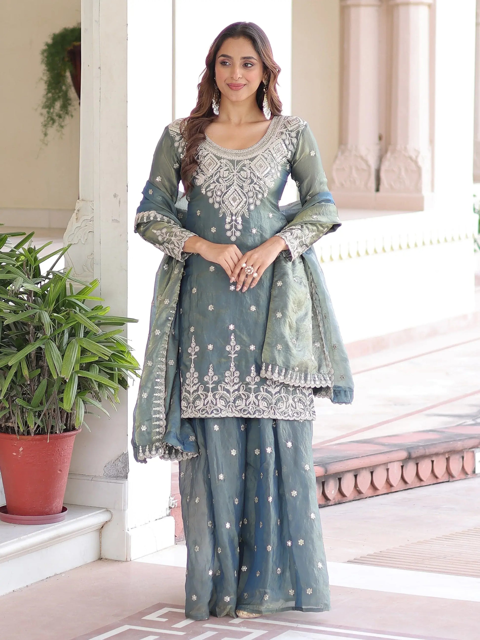 Spectacular Grey Coding Work Organza Function Wear Sharara Suit With Dupatta