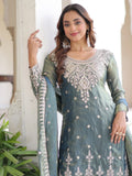 Spectacular Grey Coding Work Organza Function Wear Sharara Suit With Dupatta