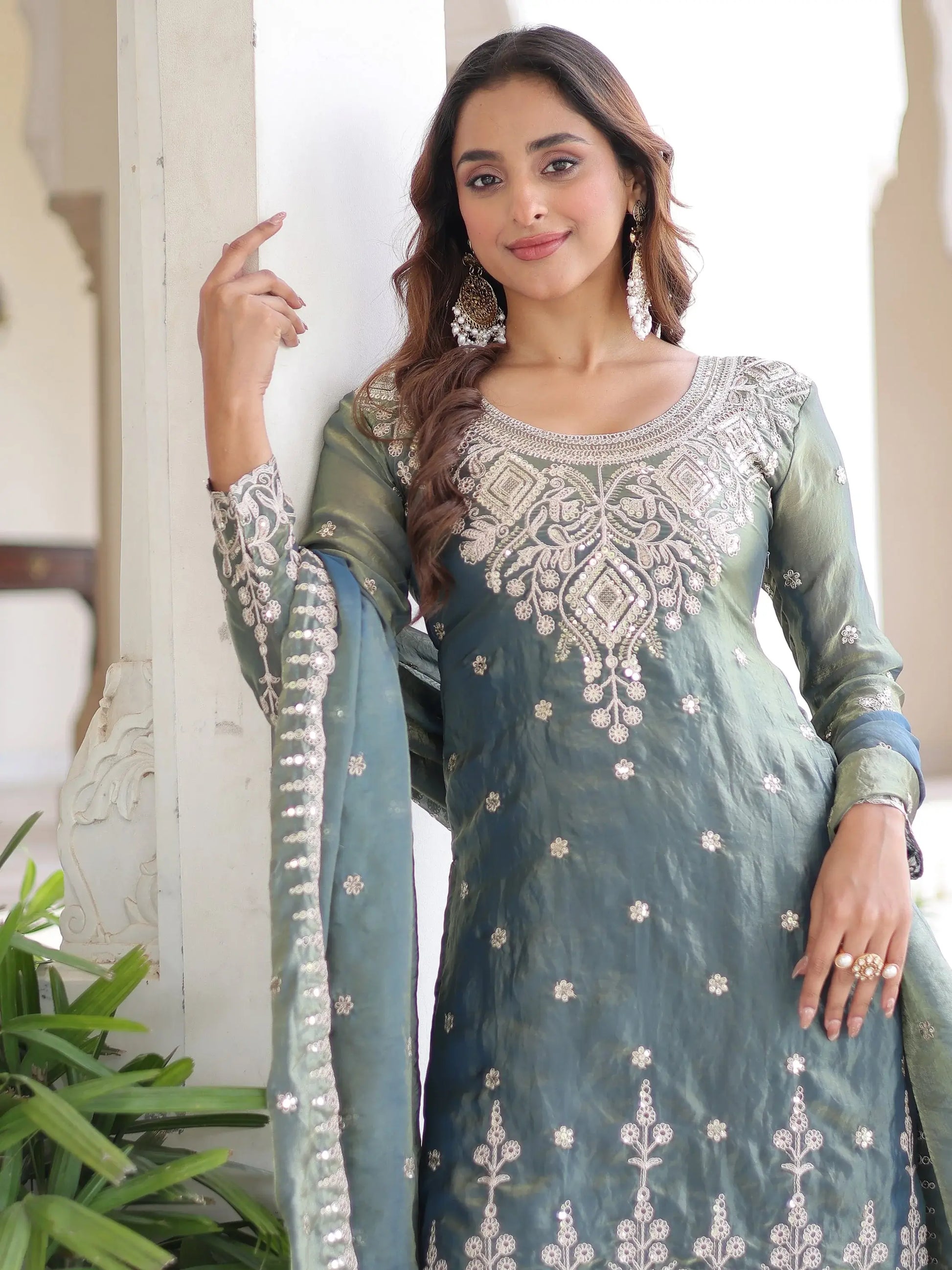 Spectacular Grey Coding Work Organza Function Wear Sharara Suit With Dupatta