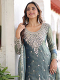 Spectacular Grey Coding Work Organza Function Wear Sharara Suit With Dupatta