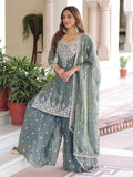 Spectacular Grey Coding Work Organza Function Wear Sharara Suit With Dupatta
