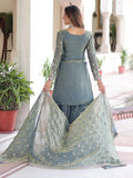 Spectacular Grey Coding Work Organza Function Wear Sharara Suit With Dupatta