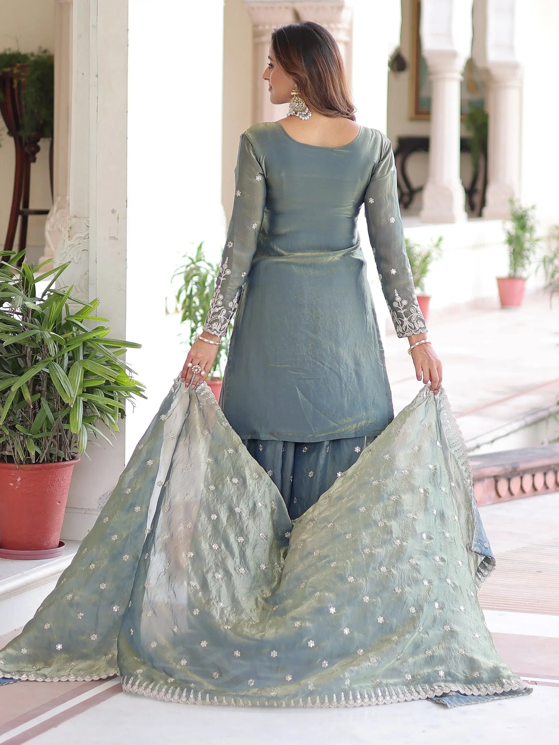 Spectacular Grey Coding Work Organza Function Wear Sharara Suit With Dupatta