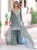 Spectacular Grey Coding Work Organza Function Wear Sharara Suit With Dupatta