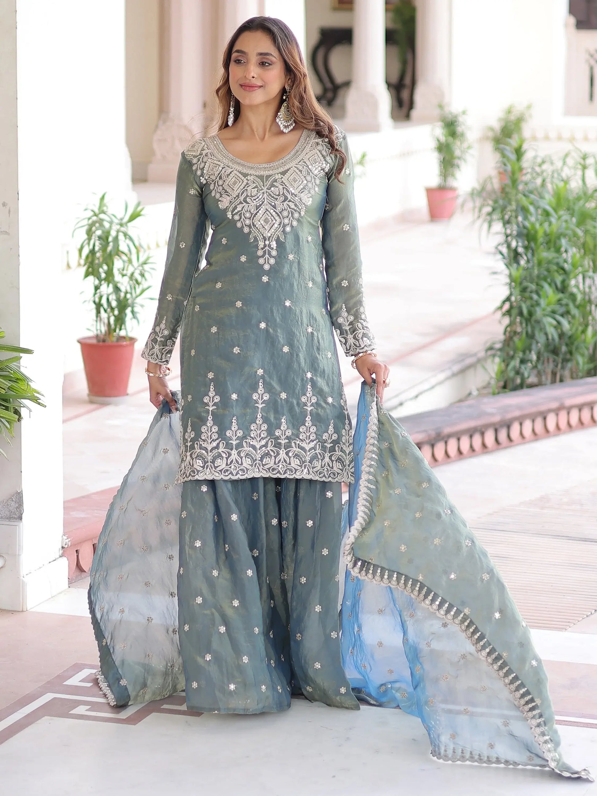Spectacular Grey Coding Work Organza Function Wear Sharara Suit With Dupatta