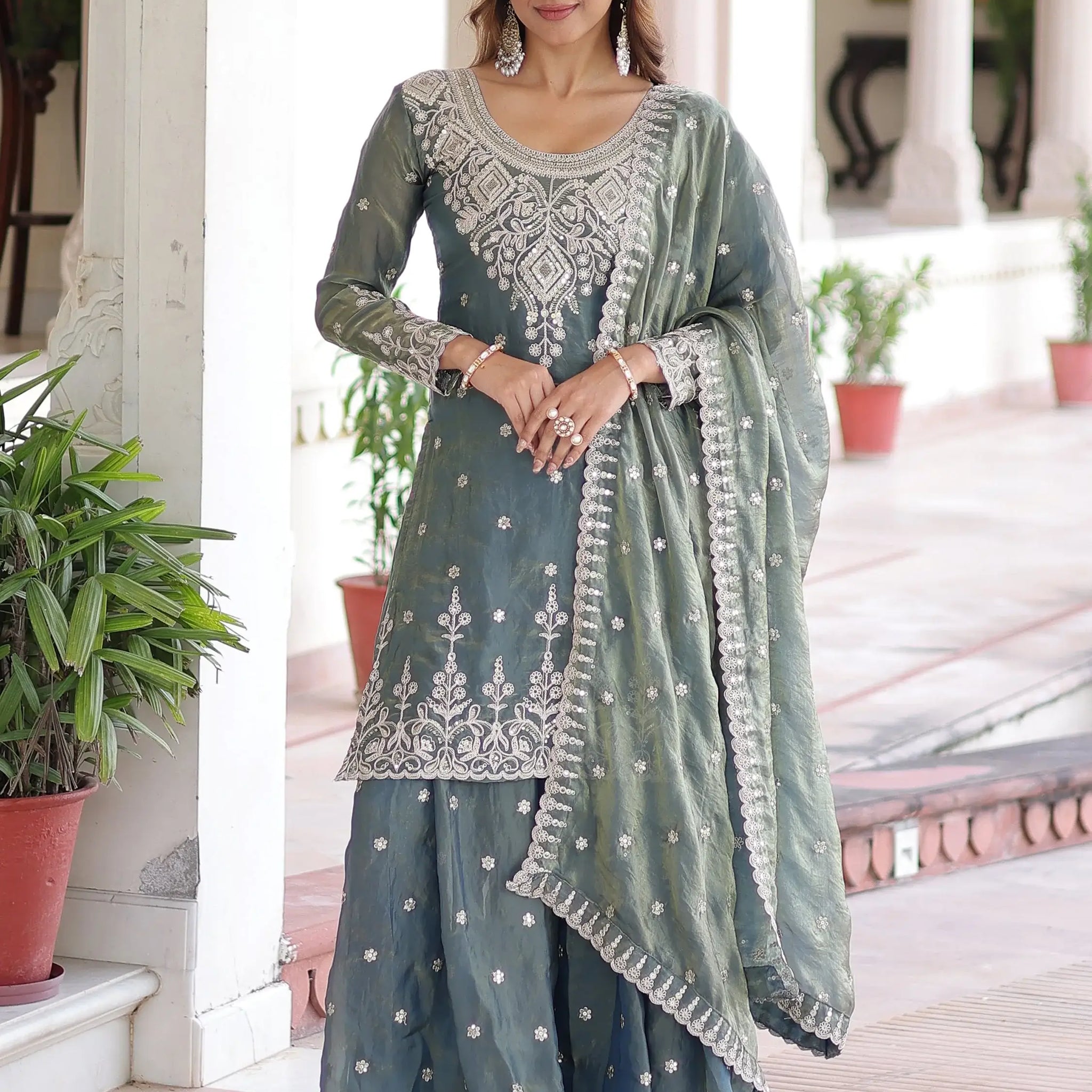 Spectacular Grey Coding Work Organza Function Wear Sharara Suit With Dupatta