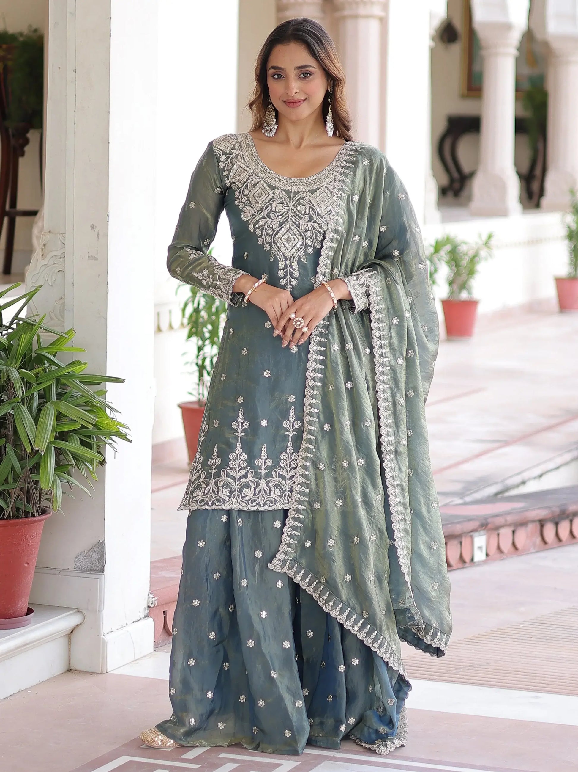 Spectacular Grey Coding Work Organza Function Wear Sharara Suit With Dupatta