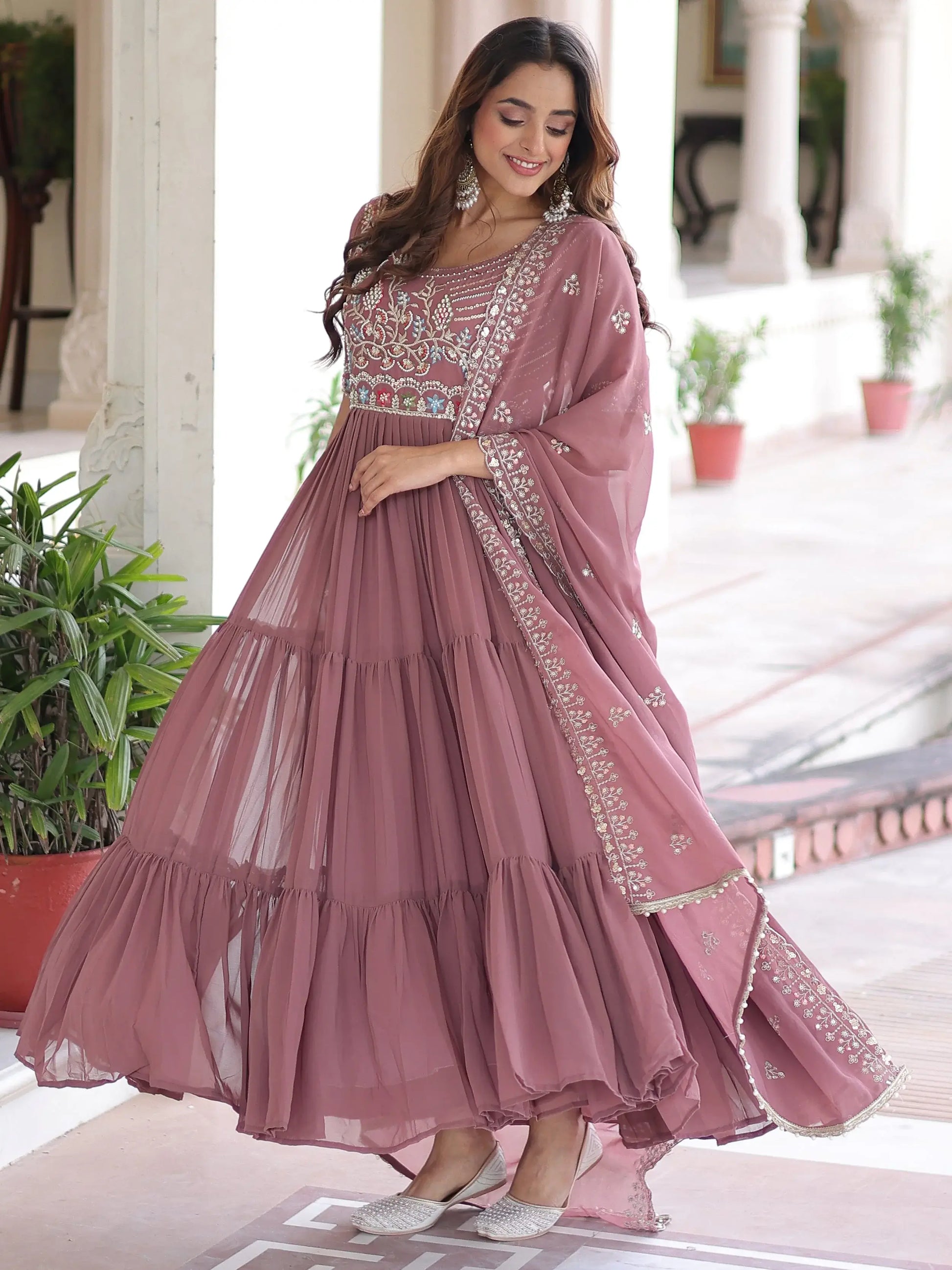 Majestic Peach Bead Embroidered Georgette Event Wear Gown With Dupatta