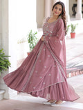 Majestic Peach Bead Embroidered Georgette Event Wear Gown With Dupatta