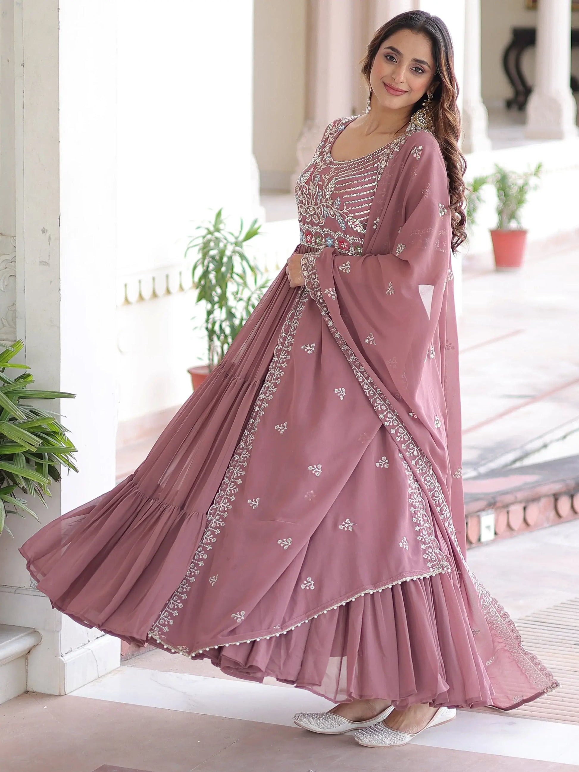 Majestic Peach Bead Embroidered Georgette Event Wear Gown With Dupatta