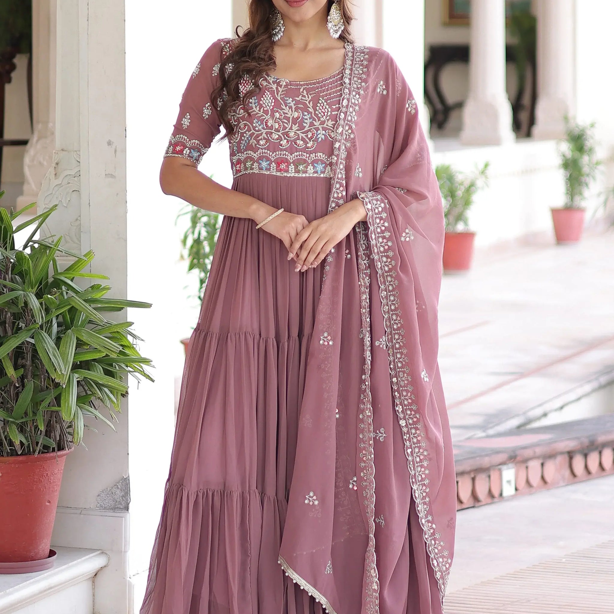 Majestic Peach Bead Embroidered Georgette Event Wear Gown With Dupatta
