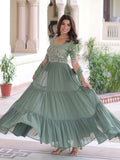 Lovely Pista Green Sequins Georgette Mehendi Wear Gown With Dupatta