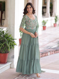 Lovely Pista Green Sequins Georgette Mehendi Wear Gown With Dupatta