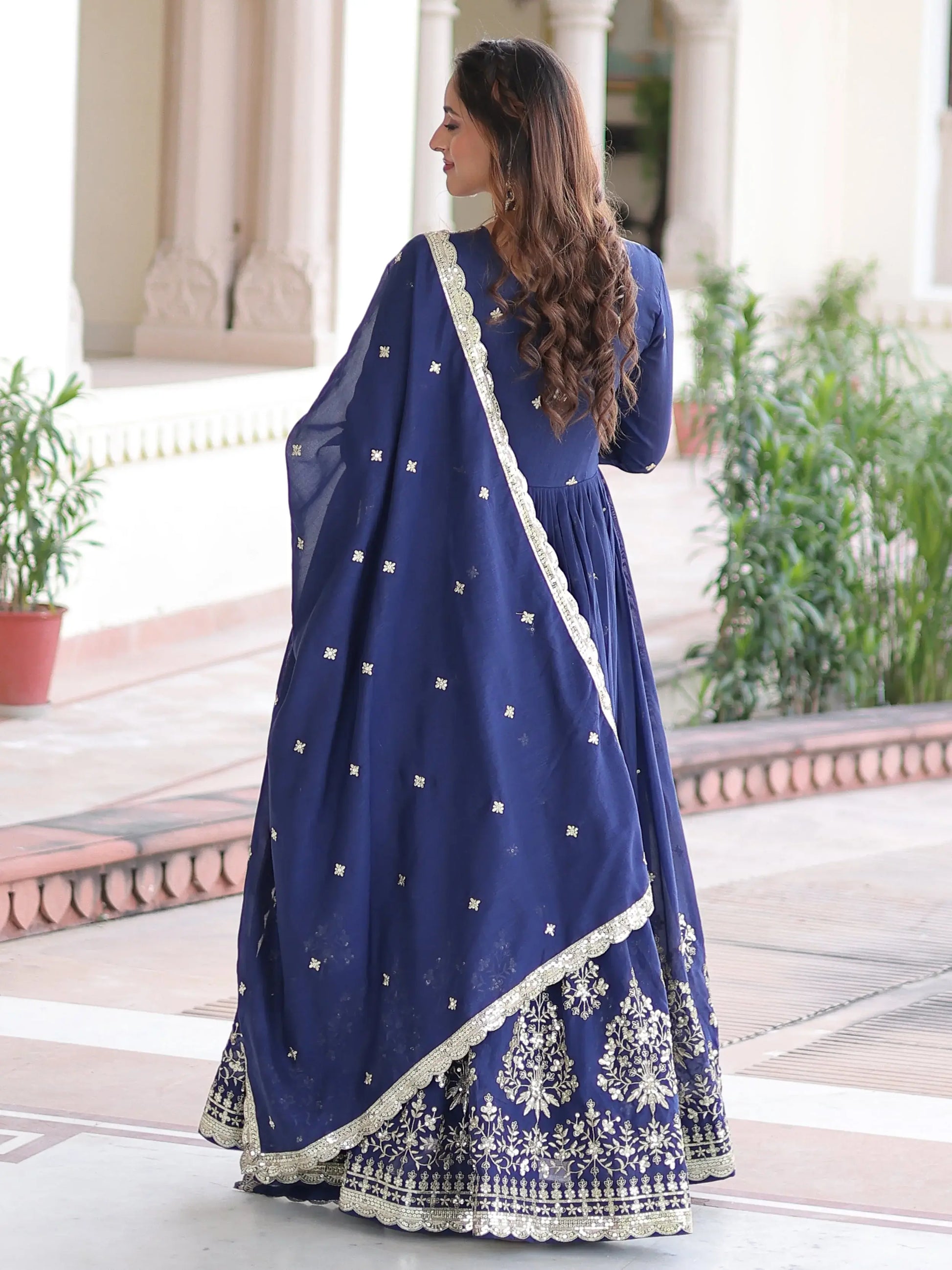 Wonderful Navy Blue Sequins Silk Festive Wear Gown With Dupatta