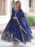 Wonderful Navy Blue Sequins Silk Festive Wear Gown With Dupatta