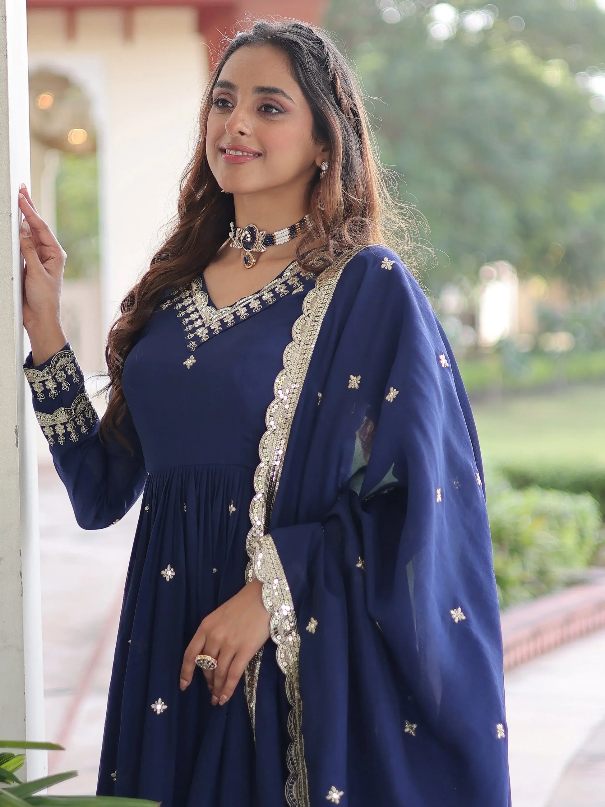Wonderful Navy Blue Sequins Silk Festive Wear Gown With Dupatta