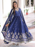 Wonderful Navy Blue Sequins Silk Festive Wear Gown With Dupatta
