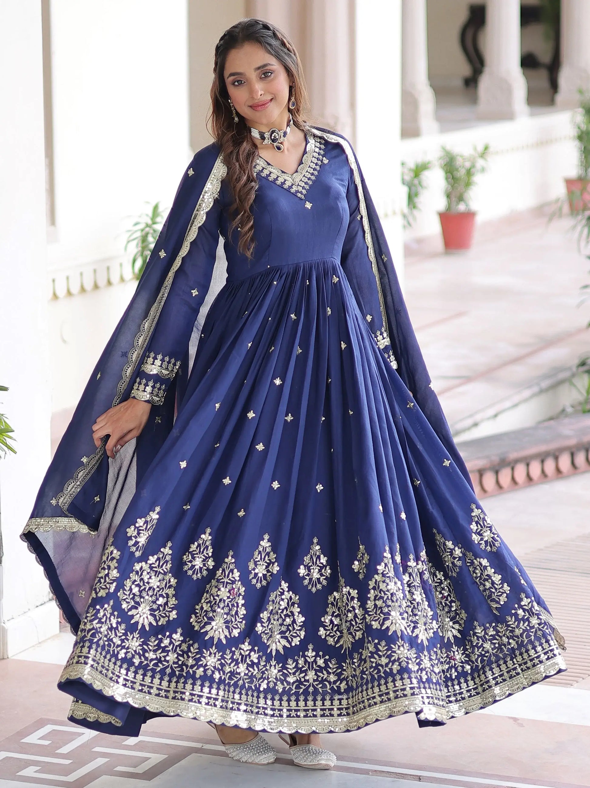 Wonderful Navy Blue Sequins Silk Festive Wear Gown With Dupatta
