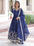 Wonderful Navy Blue Sequins Silk Festive Wear Gown With Dupatta