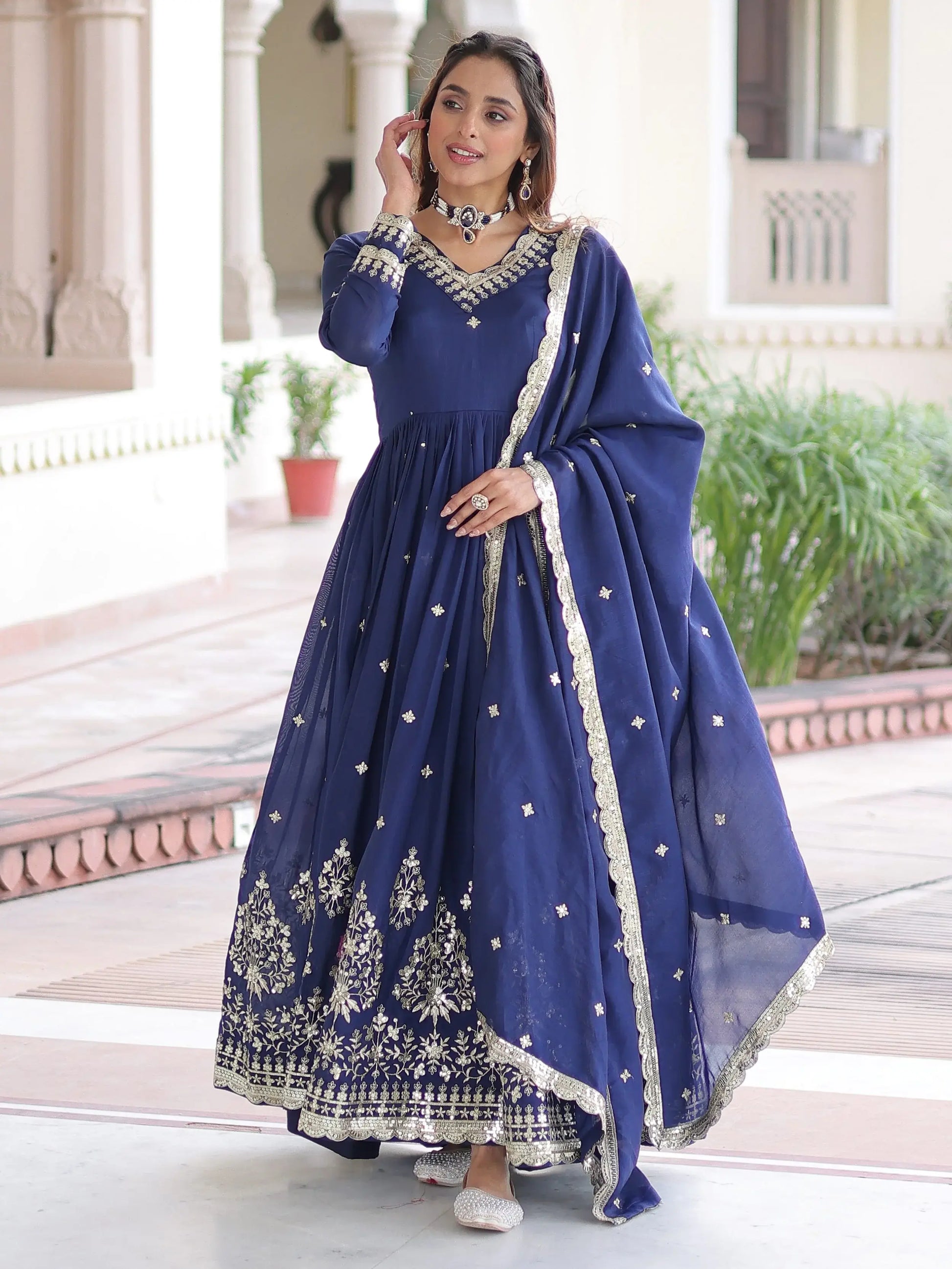 Wonderful Navy Blue Sequins Silk Festive Wear Gown With Dupatta