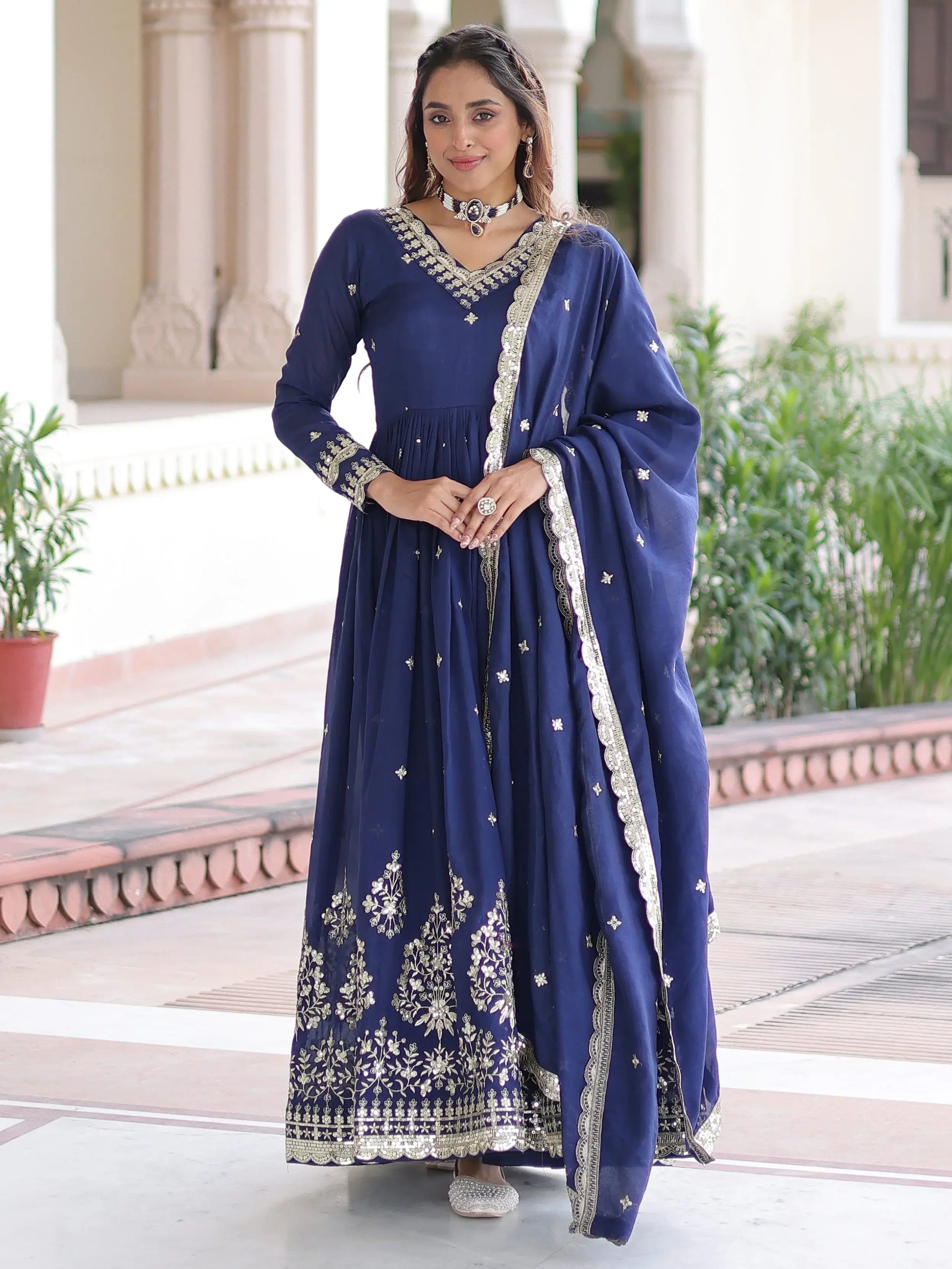 Wonderful Navy Blue Sequins Silk Festive Wear Gown With Dupatta