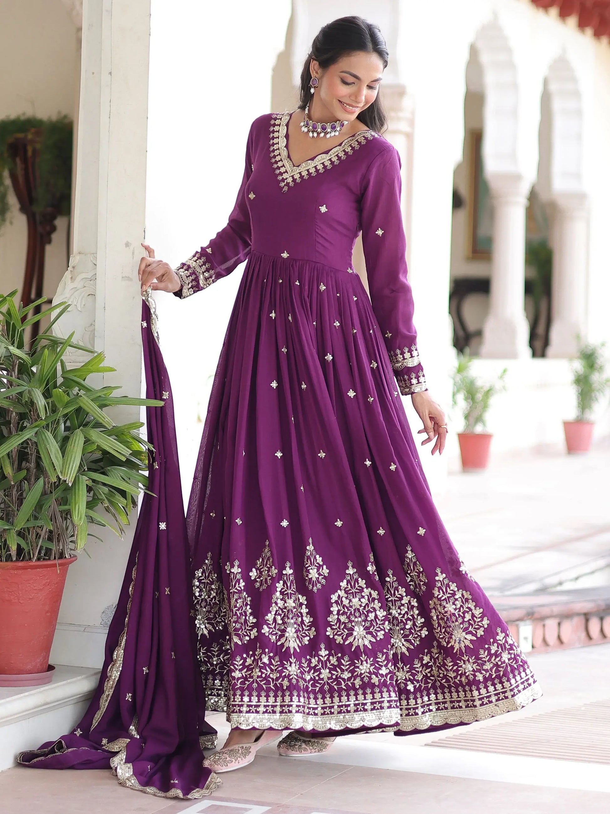 Amazing Purple Sequins Silk Wedding Wear Gown With Dupatta