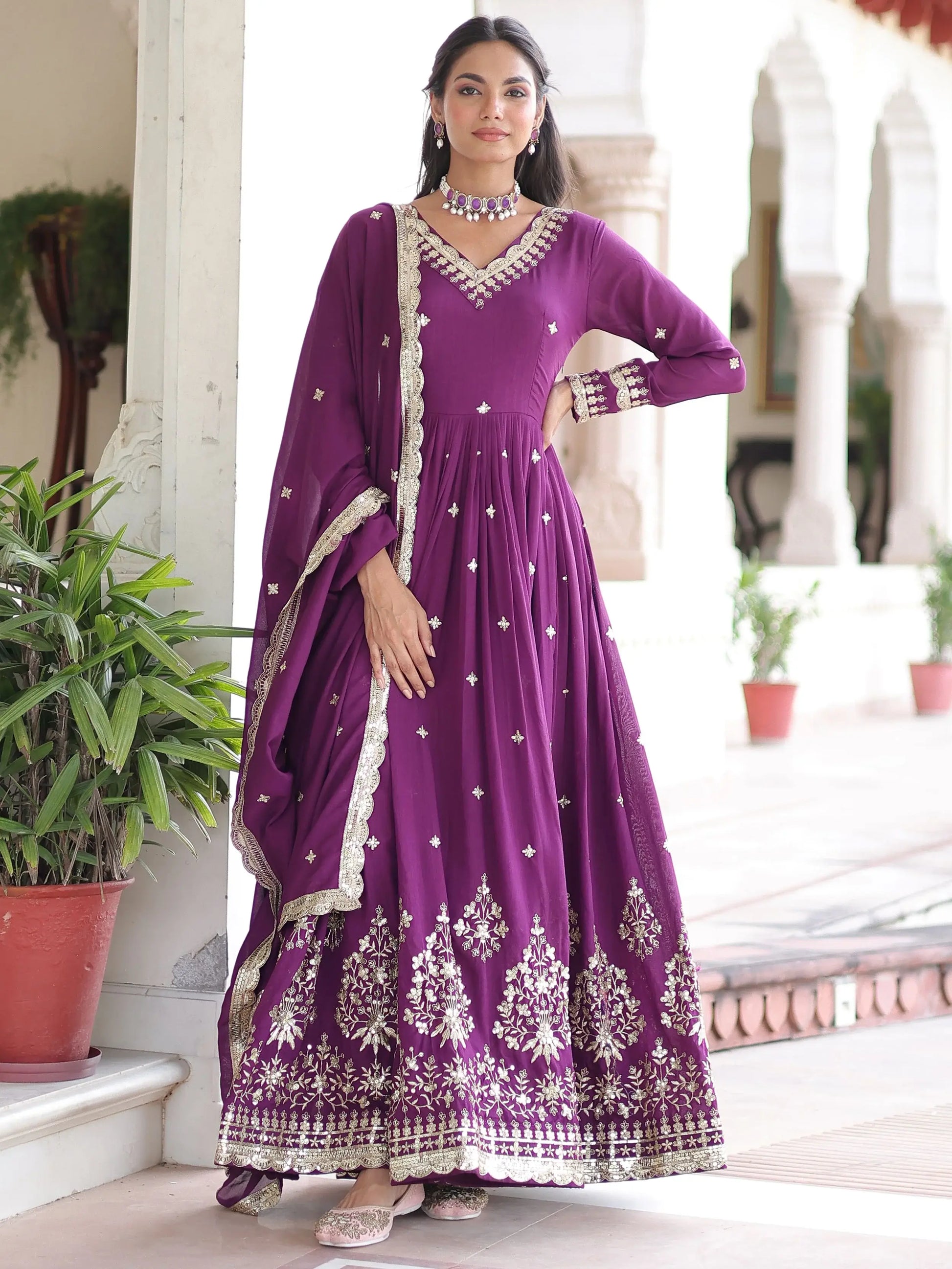 Amazing Purple Sequins Silk Wedding Wear Gown With Dupatta