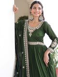 Aesthetic Green Sequins Work Silk Mehendi Wear Gown With Dupatta