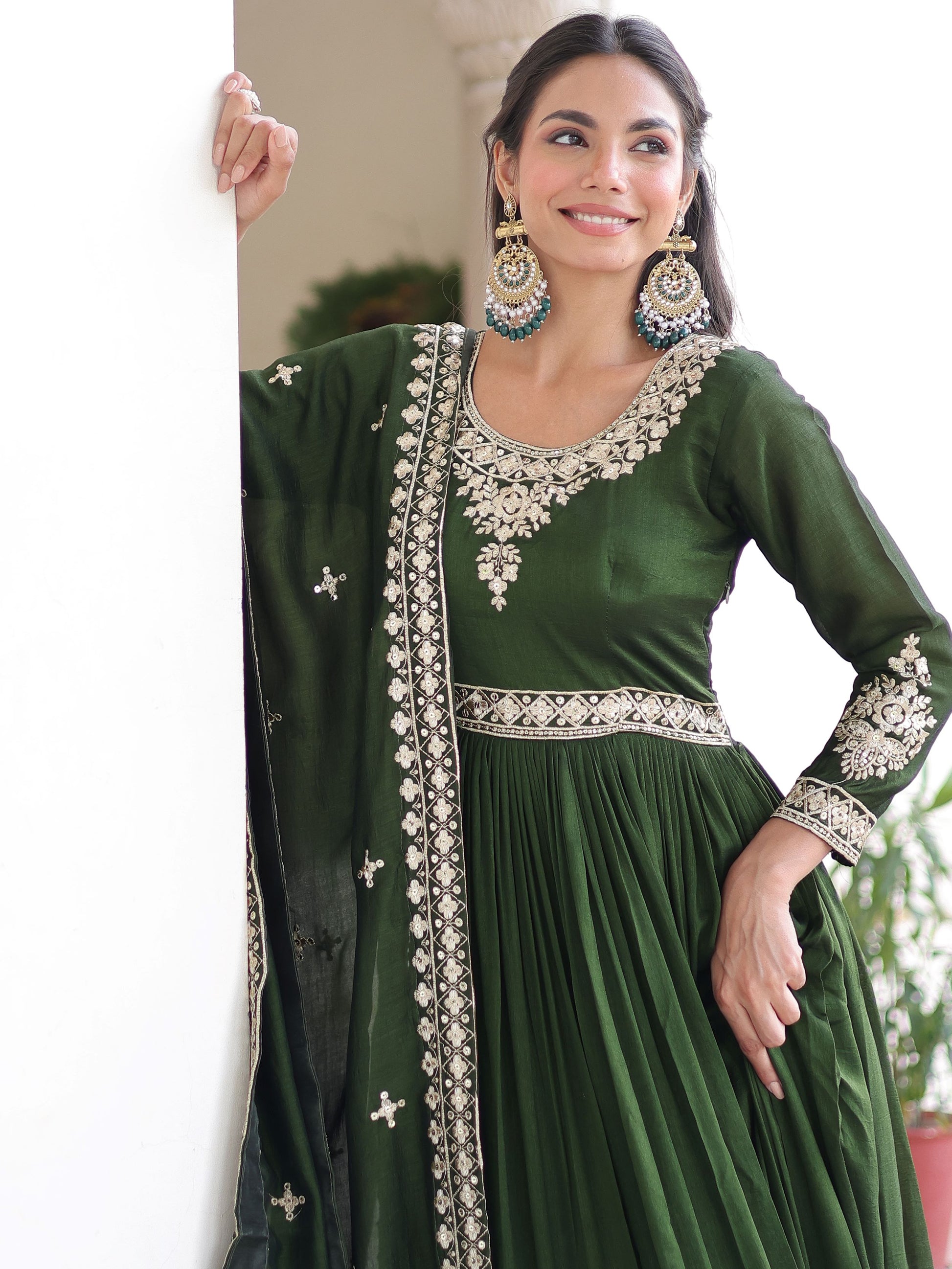 Aesthetic Green Sequins Work Silk Mehendi Wear Gown With Dupatta