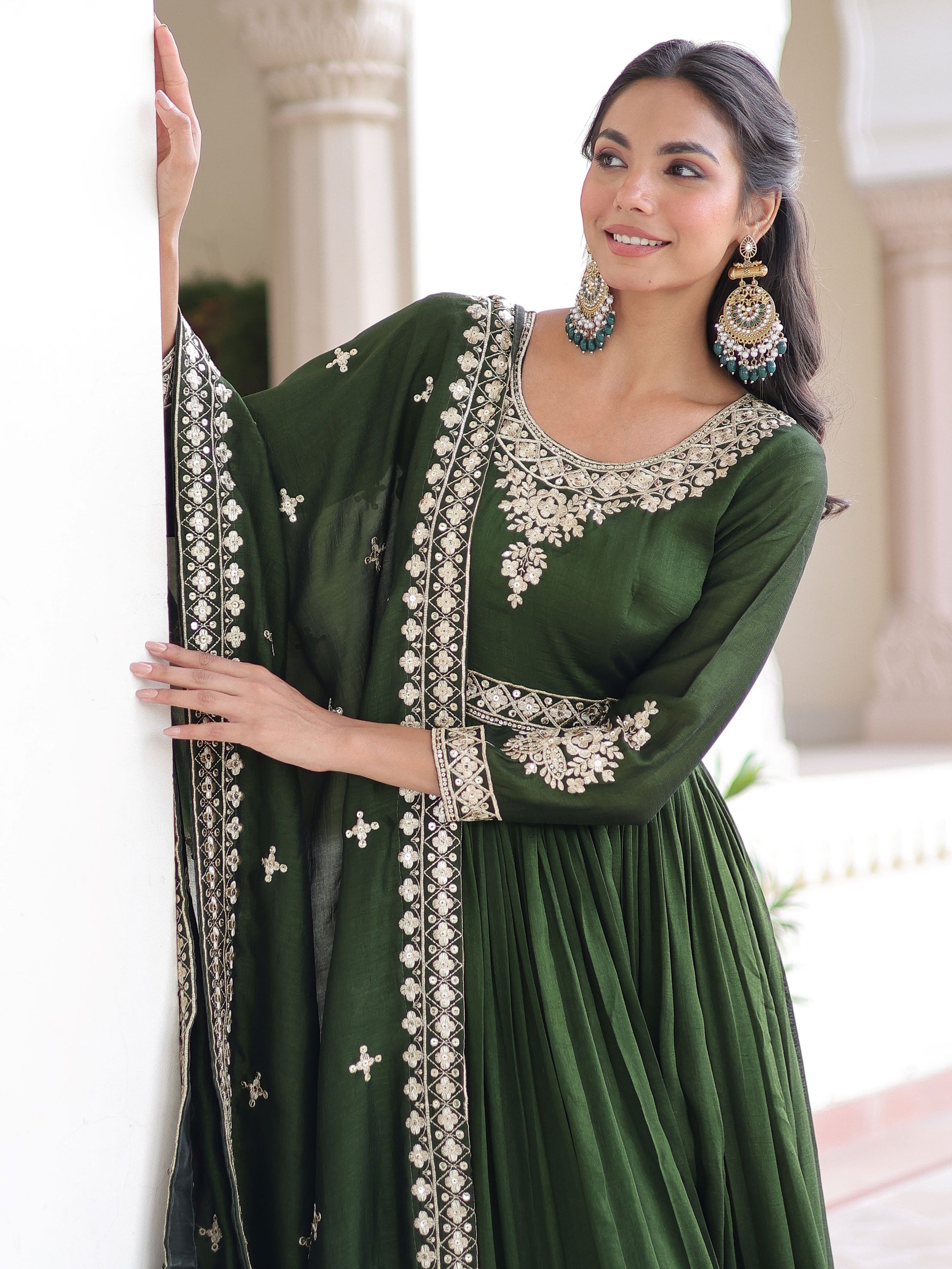 Aesthetic Green Sequins Work Silk Mehendi Wear Gown With Dupatta